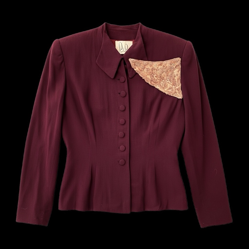 Vintage Paul Parnes Embellished Burgundy Blazer Women’s M Beaded Shoulder